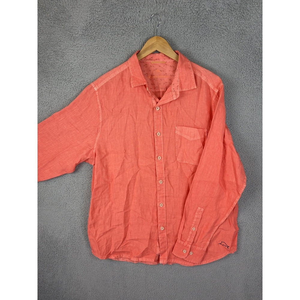 Tommy Bahama Shirt Mens Large Orange 100% Linen Long Sleeve Button Casual Beach